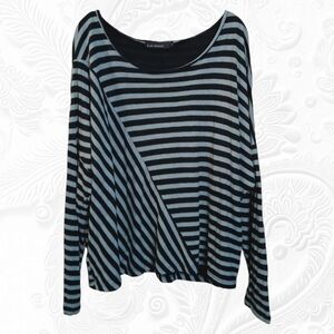 Cut Loose Cozy Feel Grey & Black Long Dolman Sleeved Multi-Striped Top